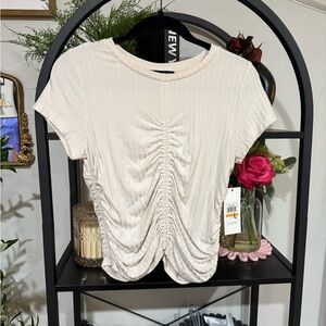 DKNY White Ruched Ribbed Short Sleeve Tee size small